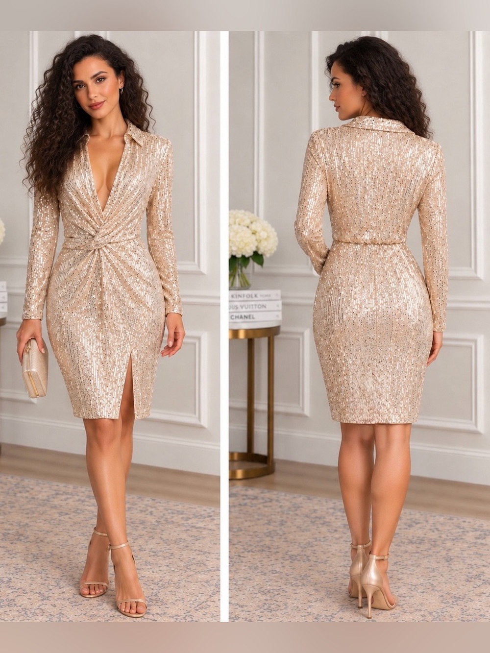 Elegant Gold Sequin Twist-Front Long Sleeve Dress